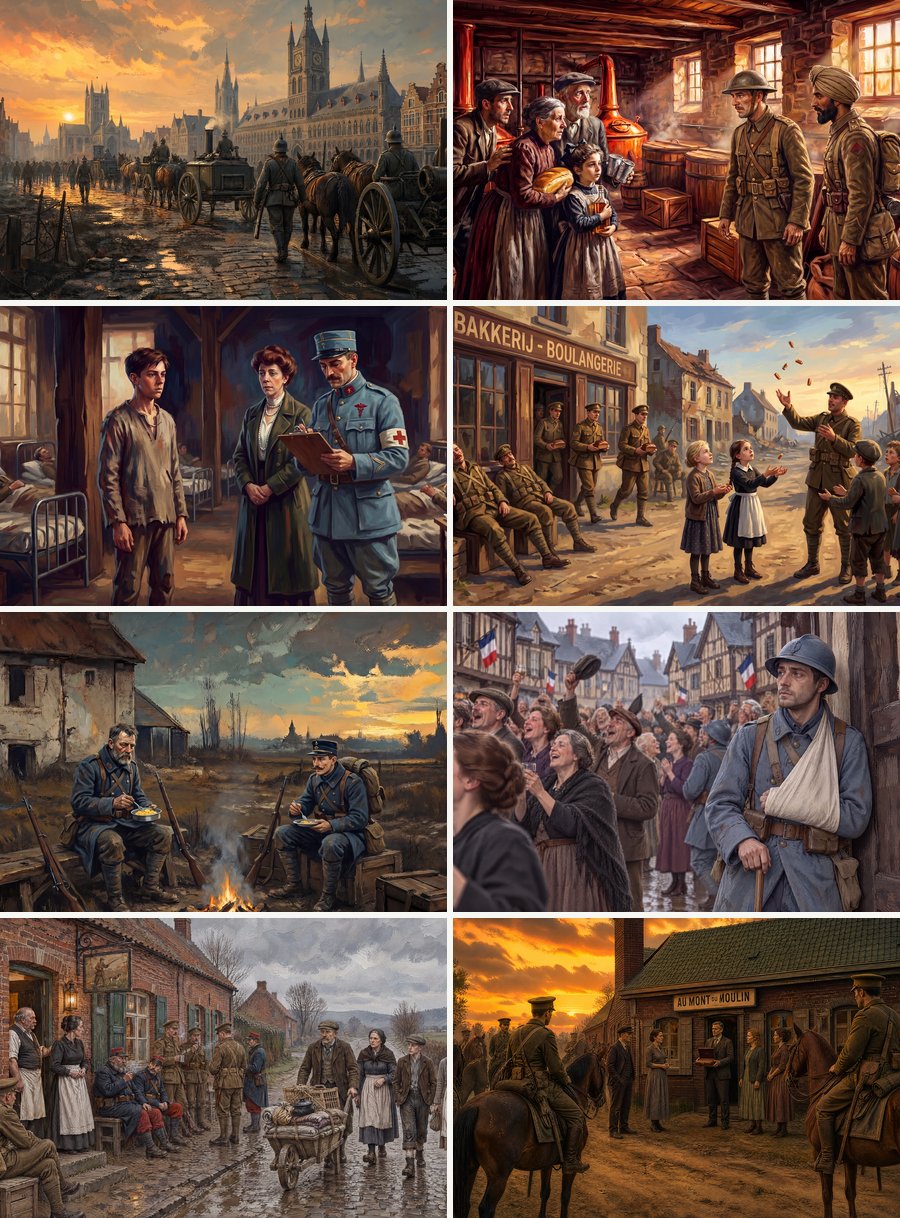 Collage d'images des films : soldats et civils pendant la Première Guerre mondiale